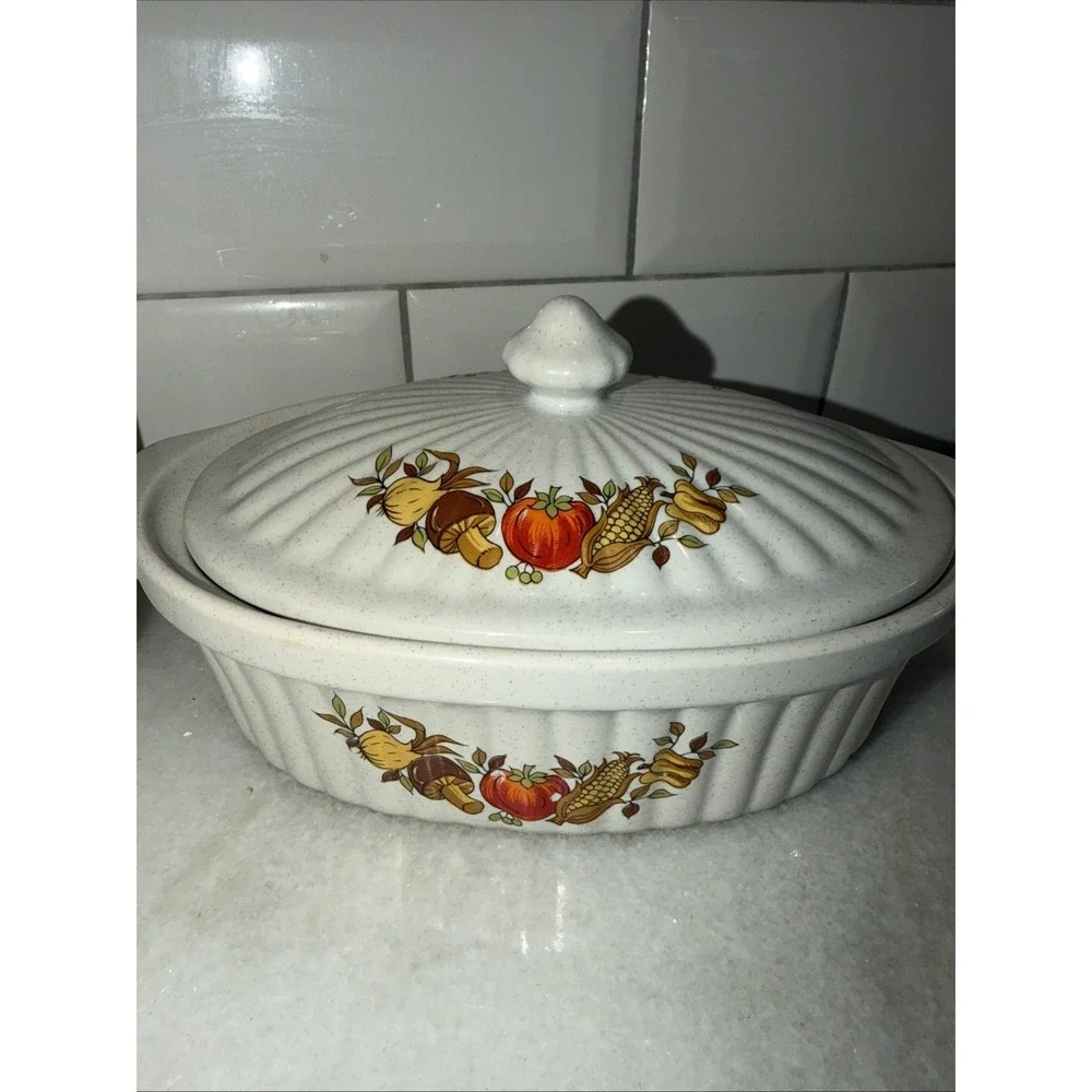 Vtg Stoneware Casserole Dish Lid  Made In Japan‎ Vegetable Harvest Ovenproof